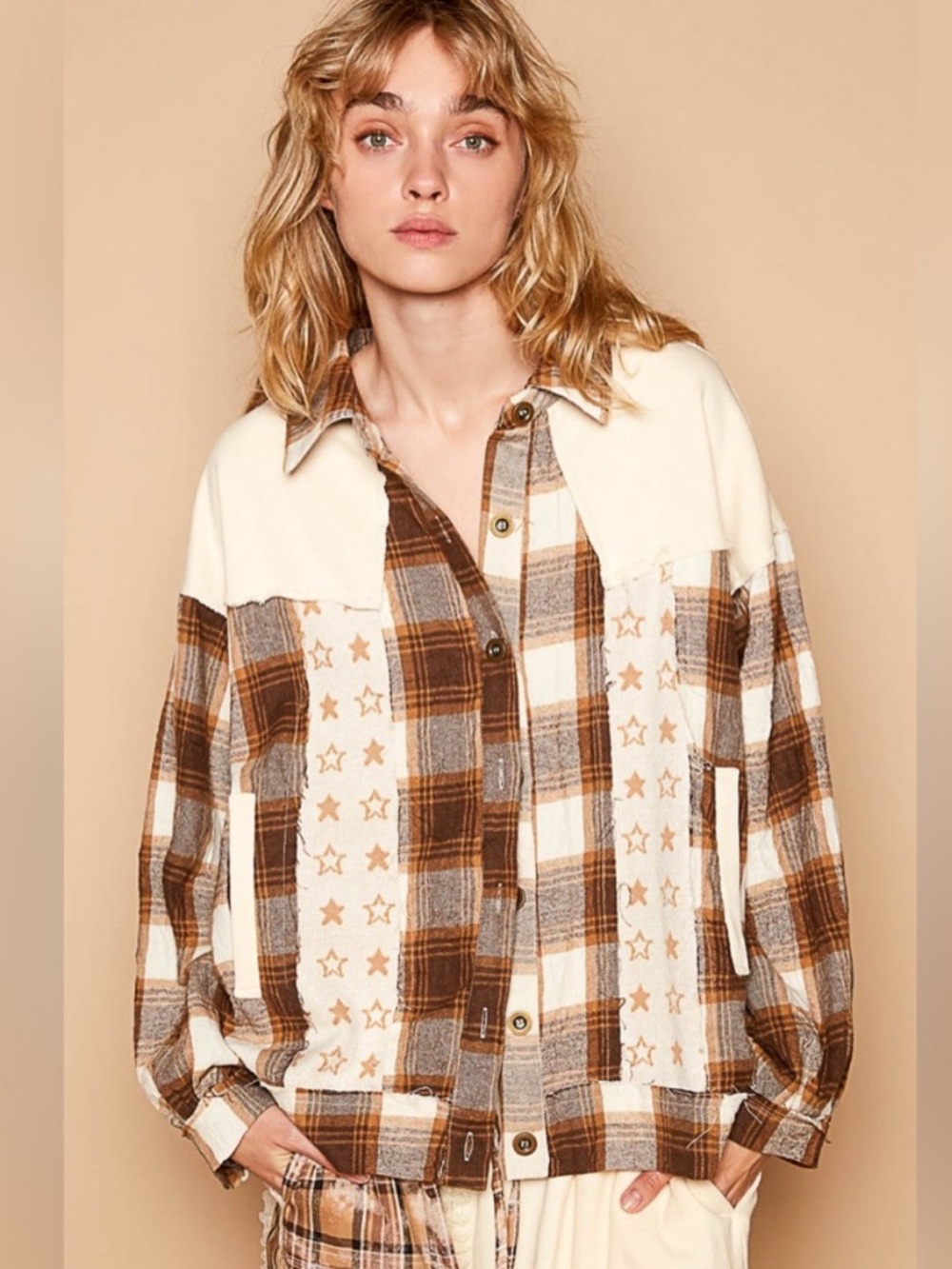 #190-55 POL New Cream Shacket with Rust Plaid and Red Star Details